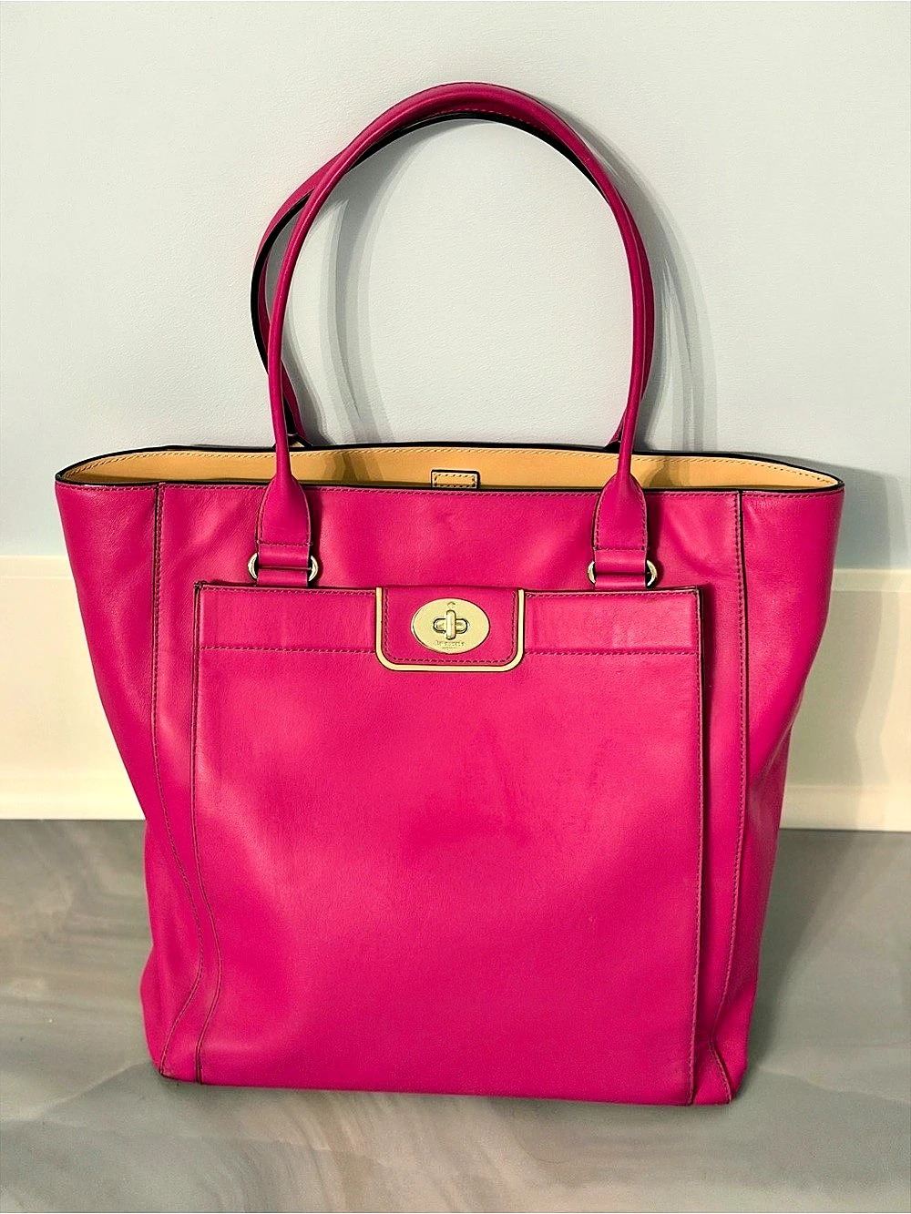 Kate Spade New York Fuchsia Pink Leather Turn Lock Tote Gold Hard